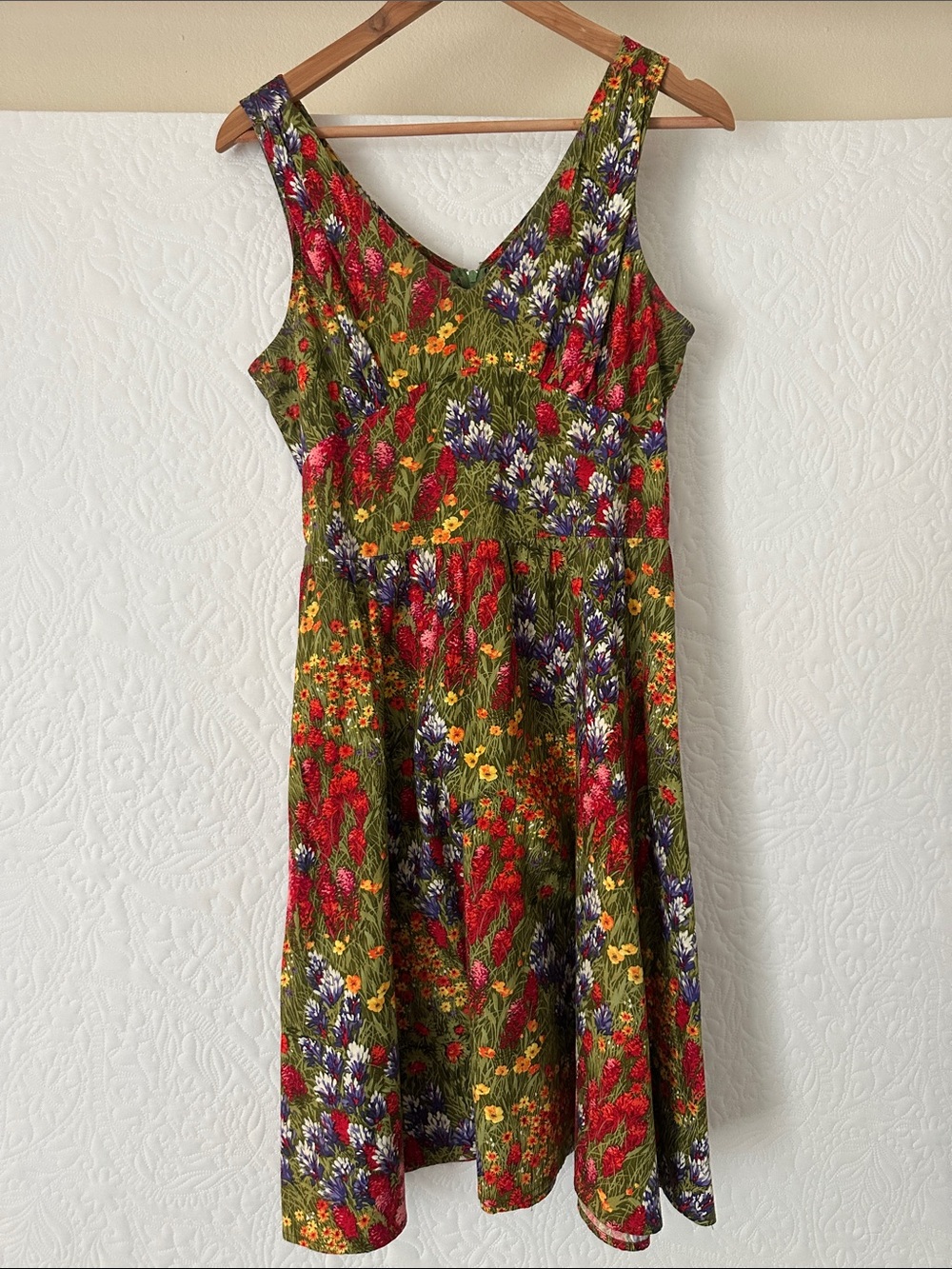 Retrolicious Olive Green Floral Midi Dress with Red, Purple & Yellow Blooms